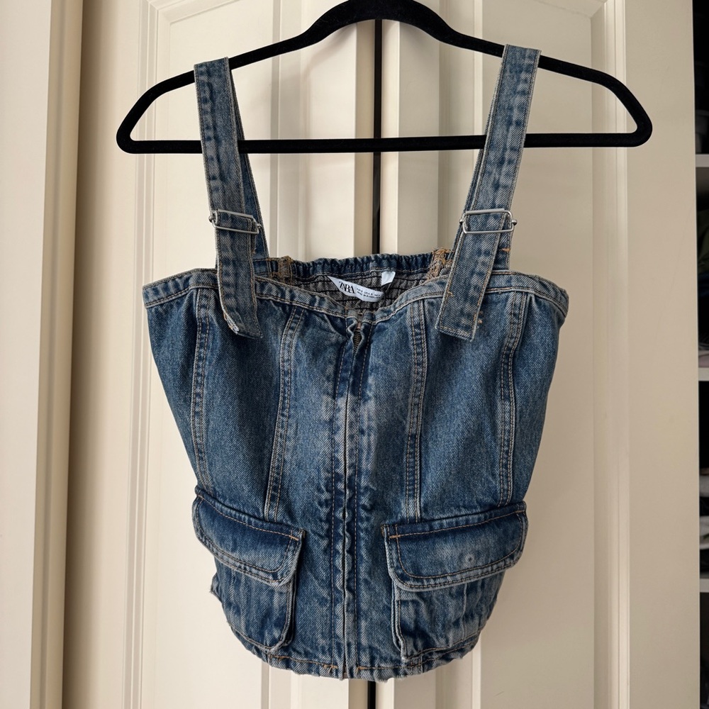 NEW with tags Zara denim cargo pockets zippered top S - Picture 3 of 5